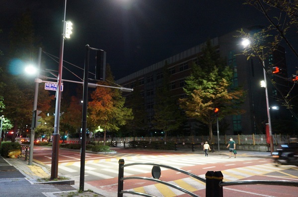LED 투광기가 설치된 송도국제도시 초등학교 앞 횡단보도.