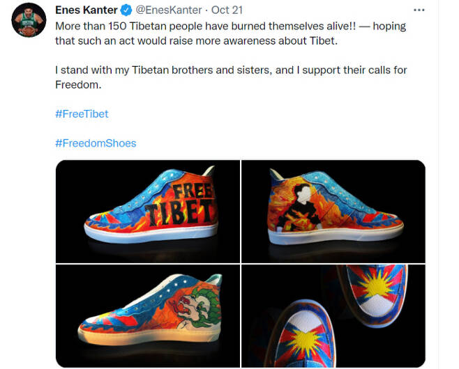티베트의 자유를 주장하며 시진핑 중국 국가주석을 비판한 미국 프로농구 선수 에네스 캔터 트위터 계정 캡쳐.