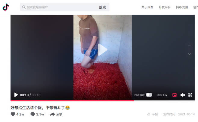 맨발로 밟아 고추 양념을 만드는 추정을 일으켰던 소셜미디어 틱톡 영상 캡처