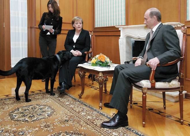 메르켈이 개를 무서워한다는 걸 알고 2007년 정상회담에서 개를 풀어놓은 푸틴과 메르켈. 저자는 두 사람의 관계를 "제일 짜증스러운 관계이자 제일 오래 지속된 관계"라고 평가한다.  [사진 제공 = 모비딕북스]