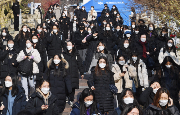 2020년 12월 숙명여대에서 수시모집 논술고사를 치르고 나오는 학생들. 김명국선임기자 daunso@seoul.co.kr