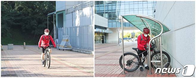 박상돈 천안시장은 출퇴근 길에 자전거를 애용한다. 지난 18일 자전를 타고 출근한 박 시장이 거치대에 자전거를 세워 놓고 있다.© 뉴스1
