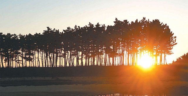 태안 바람길(해변길 7코스)에 있는 운여해변(고남면 장곡리)에서 본 솔숲 방조제의 해넘이 광경. 해질녘 사진동호인의 낙조 촬영지로 유명한 명소다.