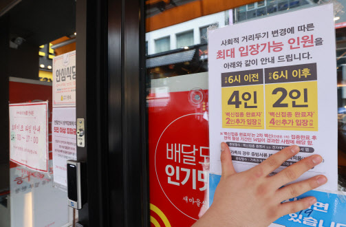 서울 종로구의 한 식당에서 직원이 사회적 거리두기 지침 관련 안내문을 부착하고 있다. (사진=연합뉴스)