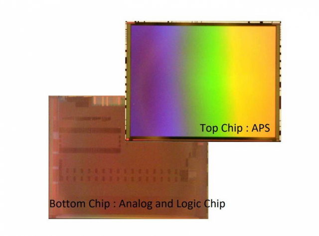 삼성전자 이미지센서 아이소셀 GN2의 윗면(픽셀부)와 아래 아날로그 회로 부분./사진 제공=삼성전자 핫칩스 발표 자료.
