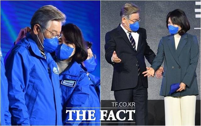 전문가는 배우자가 적극적으로 대중 앞에 나설수록 후보에 대한 유권자 인식에 긍정적인 효과가 나타날 것이라고 봤다. 2일 열린 선대위 출범식에서 이 후보의 옷 매무새를 다듬어주는 김혜경 씨. /국회사진취재단