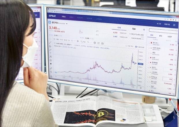 < 다시 불붙은 암호화폐 > 비트코인을 비롯한 암호화폐 시장이 다시 달아오르는 가운데 여당인 더불어민주당이 암호화폐 과세를 내년에서 2023년으로 1년 유예하는 방안을 추진하기로 했다. 코인 과세가 유예되면 ‘잡코인’ 투기 열풍이 더 거세질 것이란 우려가 나온다. 한 직장인이 2일 업비트 웹사이트에서 급등하고 있는 코인 시세를 보고 있다. 신경훈 기자
