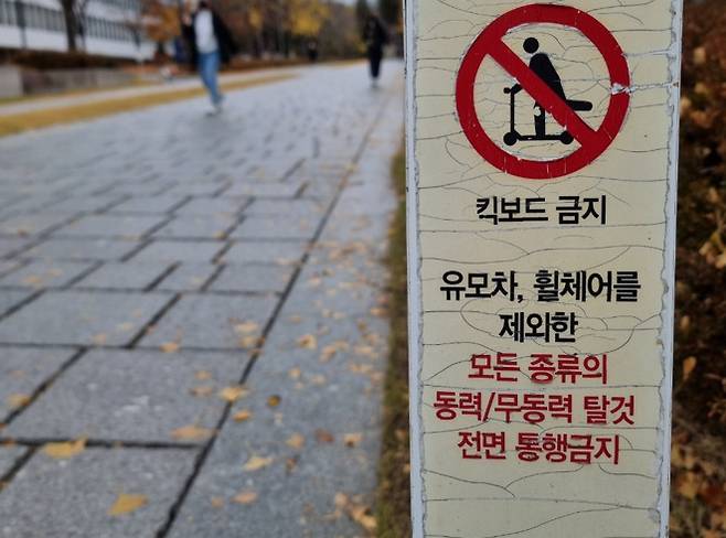 지난 9일 오후 서울 서대문구 연세대 신촌캠퍼스에 킥보드 금지 팻말이 세워져 있다. 김지헌 기자