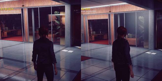 컨트롤. 레이 트레이싱을 켰을 때(왼쪽)과 껐을 때(오른쪽). 바닥과 유리창의 빛 반사 품질 차이가 명확하다