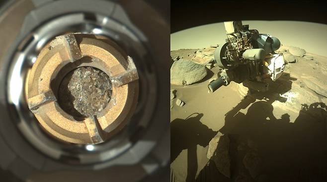 이번에 퍼서비어런스가 채취한 암석 시료(사진 왼쪽)와 작업 중인 퍼서비어런스의 모습 일부분. 사진=NASA