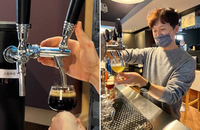 강릉 부르어리 바이 현 감상현 대표가 맥주를 잔에 따르고 있다. 왼쪽이 자신의 이니셜을 넣은 마스터SH 블랙 아이피에이다. 이 맥주 맛에 BTS도 반했다.