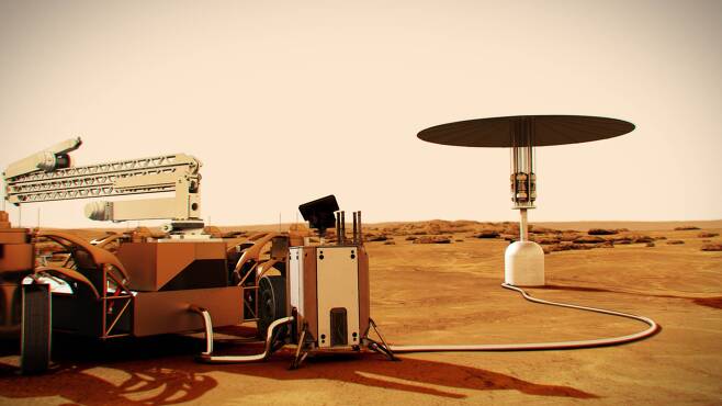 화성의 원자로(오른쪽)에서 생산한 전기를 케이블로 우주기지에 공급하는 모습의 상상도./NASA