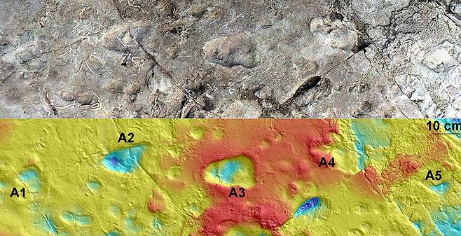 370만년 전 직립보행 인간이 남긴 발자국 화석(위)과 발자국 형태를 컴퓨터로 재구성한 그림(아래)./Nature