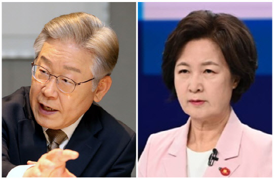 이재명(왼쪽) 더불어민주당 대선 후보와 추미애 전 법무부 장관. 연합뉴스