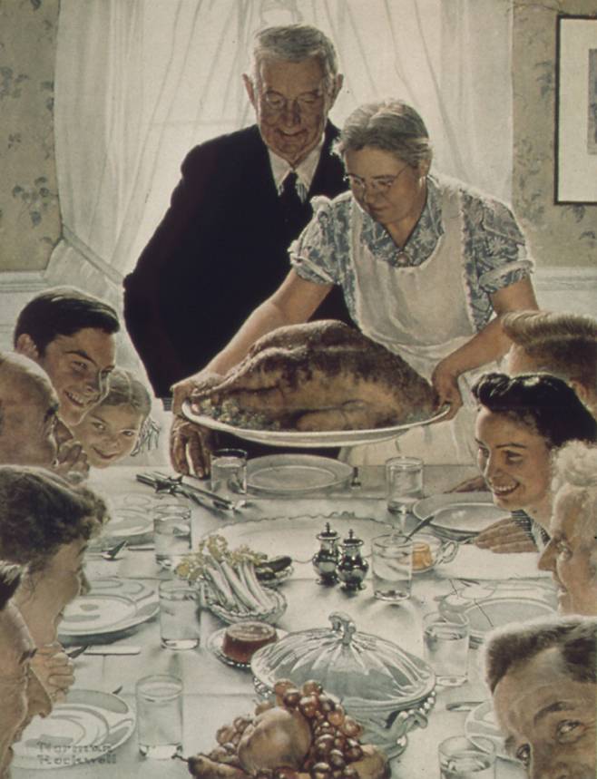 20세기 중반 미국인의 모습을 그린 대표적인 화가 노먼 록웰의 그림 ‘부족으로부터의 자유’(1943). 대가족이 모여 칠면조 요리를 나누는 추수감사절의 전형적인 모습을 묘사하고 있다.