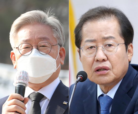이재명 더불어민주당 대선후보(왼쪽)와 홍준표 국민의힘 의원. 연합뉴스·뉴스1