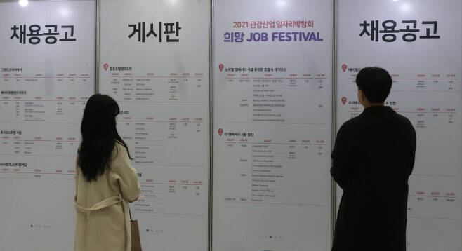 서울 서초구 aT센터 전시장에서 열린 '2021 관광산업 일자리박람회'에서 구직자들이 채용공고 게시판을 살펴보고 있다. 본 기사와 관련 없음. [매경DB]