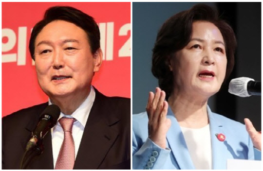 윤석열(왼쪽) 국민의힘 대선 후보와 추미애 전 법무부 장관. 연합뉴스