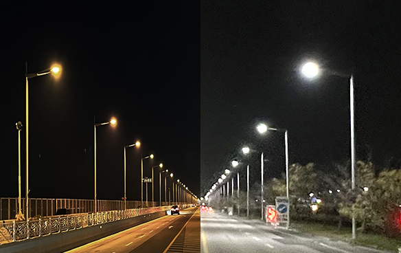 인천 영종도 해안남로 일반 실외조명 설치 상황(왼쪽)과 비케이테크놀로지가 개발한 비타민 LED 전구 교체 상황