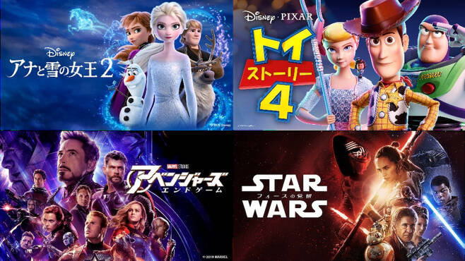일본 디즈니플러스 이용자들이 올해 가장 좋아하는 콘텐츠로 꼽은 작품들. 윗줄 왼쪽부터 시계방향으로 겨울왕국2, 토이스토리4, 스타워즈, 어벤저스. [디즈니플러스 홈페이지]