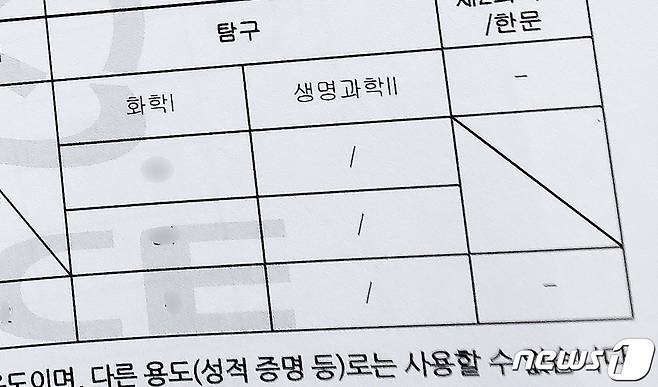 지난 10일 서울 송파구 잠신고등학교에서 한 학생의 수능성적표에 생명과학Ⅱ 점수가 공란으로 비워둔 채 배부되고 있다. 2022학년도 대학수학능력시험 과학탐구영역 생명과학Ⅱ 20번 문항의 정답 결정을 유예하라는 법원 결정이 내려지면서 이 과목을 선택한 수험생들의 성적 통지가 보류됐다./사진=뉴스1