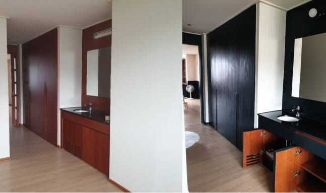 세입자가 이사오기 전 모습(사진 좌)과 페인트 도색 이후(사진 오른쪽). 세입자가 이사 후 임의대로 원목에 검녹색을 도색했다. /사진=온라인 부동산커뮤니티 캡쳐