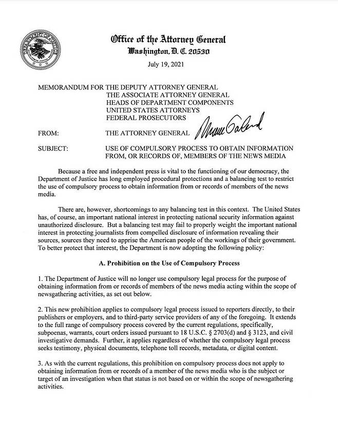 뉴스 취재와 관련된 통화내역 조회를 전면 금지한 미국 법무부 장관 명의 공문