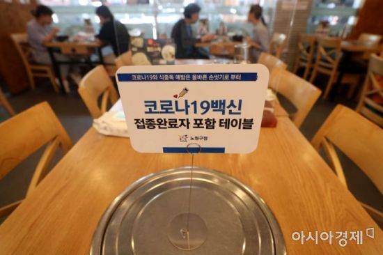 지난해 9월3일 서울 노원구 한 식당에 코로나19 백신 접종 완료자 포함 테이블’ 안내판이 설치돼 있다. 사진은 기사 중 특정표현과 무관함. 사진=아시아경제DB