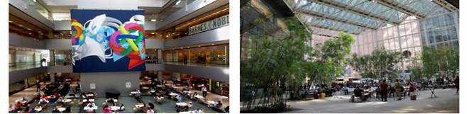 미국 뉴욕 맨해튼의 시티그룹 센터 아트리움(왼쪽 사진)과 IBM 플라자에는 층고가 높고 투명한 유리창으로 만들어진 ‘실내형 공개공간’이 있다. 이곳에는 의자와 테이블이 있어 날씨와 상관없이 누구나 쾌적하게 쉴 수 있다. 서울시 제공