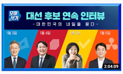 ‘KBS 9시 뉴스’의 후보 인터뷰 모아보기 영상. 윤석열 국민의힘 대선 후보는 출연예정을 취소했다. 유튜브 화면 갈무리