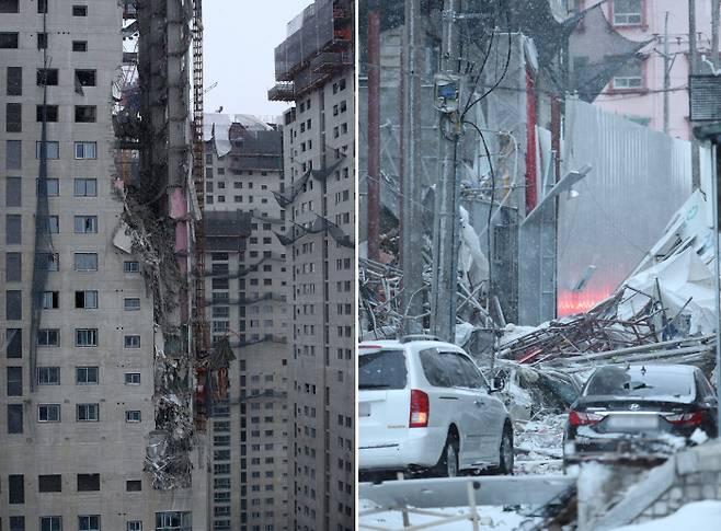 외벽이 무너져내린 광주 서구 화정아이파크와 주변 모습|연합뉴스