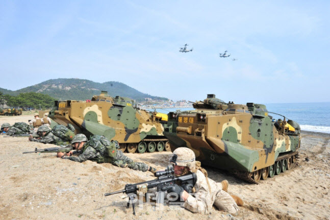 지난 2014년 독수리훈련(FE)의 일환으로 경북 포항에서 진행된 한·미 해병대의 ‘쌍용훈련’ 당시 모습. (사진=해병대)