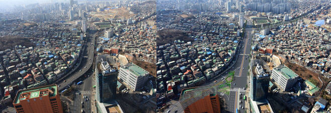 1968년 9월 한국에서 처음으로 설치된 아현고가도로(왼쪽)은 45년 만인 2014년 철거됐다. 고가 철거 후 단절됐던 신촌로~충정로 구간에는 중앙버스 승강장 6곳이 설치됐다. | 서울시 제공