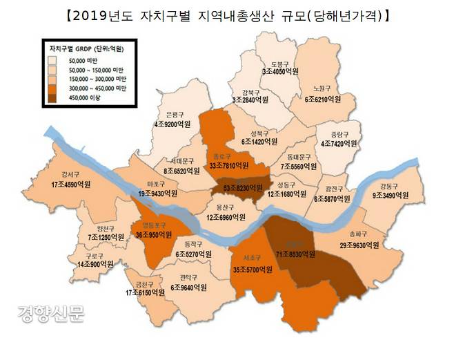 2019년도 서울시 자치구별 지역내총생산(GRDP) 규모(당해년가격)|서울시 빅데이터담당관