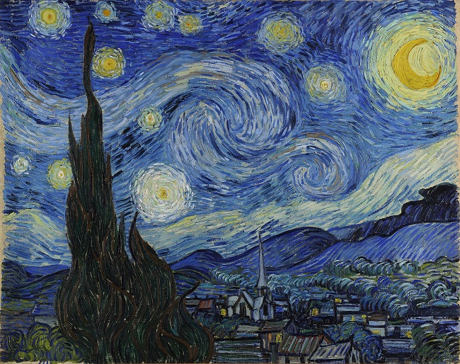 고흐가 정신병을 앓을 당시 그린 `별이 빛나는 밤(The Starry Night)`(캔버스에 유채, 73.9×92.1㎝, 1889). 일렁이는 듯 보이는 이 장면에는 작가의 내적 감정이 반영돼 있다. /사진 제공=미국 뉴욕현대미술관