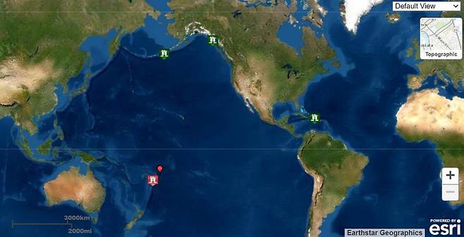 남태평양 통가(빨간색 표시 지점) [미국 쓰나미경보시스템 홈페이지 캡처. 재판매 및 DB 금지]
