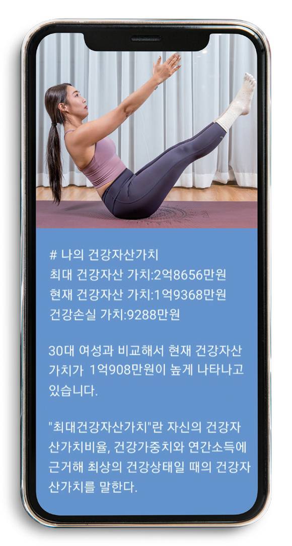 필라테스 코치 백하영씨(34)는 '건강자산K' 앱을 통해 자신의 건강손실이 9288만원인 것을 확인했다.