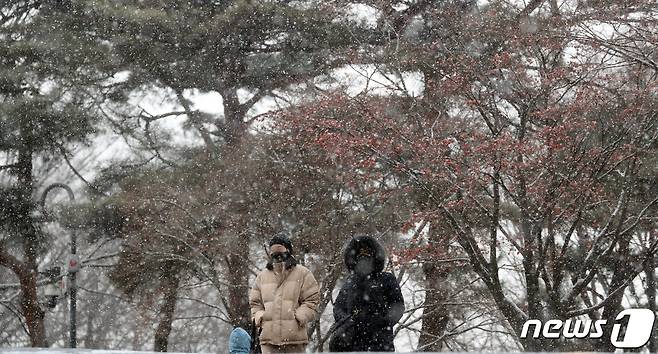 강추위 속에 눈이 내린 17일 오후 서울 남산에서 관광객들이 즐거운 시간을 보내고 있다. 2022.1.17/뉴스1 © News1 김명섭 기자