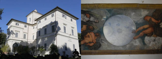 1570년에 건립된 이탈리아 로마의 대저택 ‘빌라 루도비시’ (왼쪽 사진)와 바로크 회화의 거장 카라바조가 1597년에 완성한 천장화, 연합뉴스