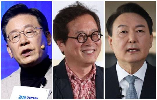이재명(왼쪽) 더불어민주당 대선 후보, 맛 칼럼니스트 황교익씨(가운데), 윤석열 국민의힘 대선 후보. <연합뉴스>