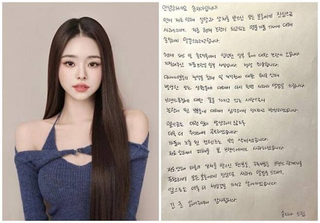 명품 '짝퉁 논란' 공식 인정한 송지아의 자필 사과문.