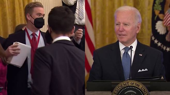 (왼쪽) 폭스뉴스 피터 두시 기자, (오른쪽) 조 바이든 미국 대통령