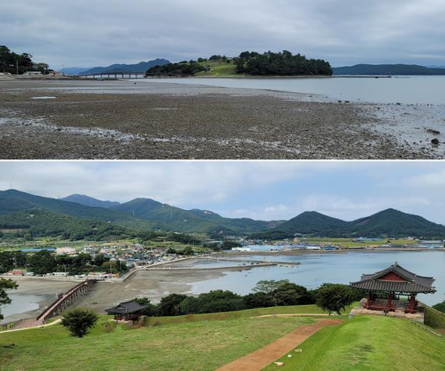 장보고기념관 앞에서 보는 장도(위 사진)와 장도에서 내려다본 외성문과 내성문. 건너편 장좌리와 현대에 만들어진 아치 모양의 목교로 연결돼 있다.