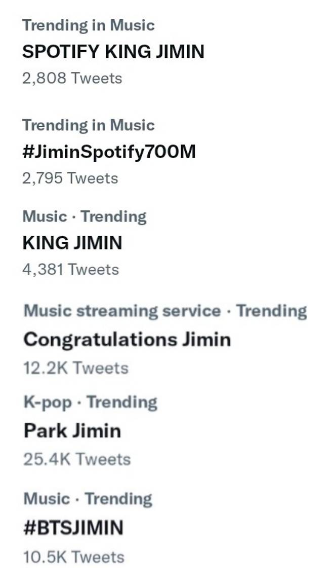 'SPOTIFY KING' 방탄소년단 지민, 솔로곡 7억..韓솔로 최초 '大기록'