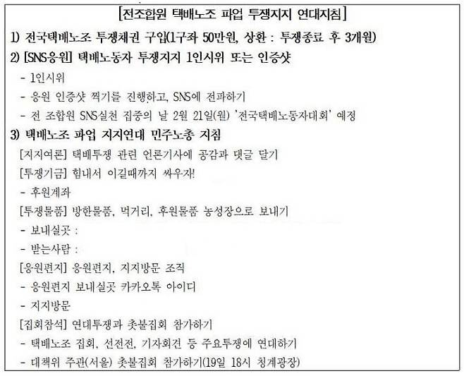 지난 17일(목) 양경수 민주노총 위원장 명의로 전 조합원에게 택배노조 파업 투쟁 지지 연대 지침이 배포됐다. (시청자 제공)