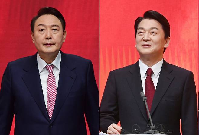 왼쪽부터 국민의힘 윤석열 후보와 국민의당 안철수 후보. 연합뉴스