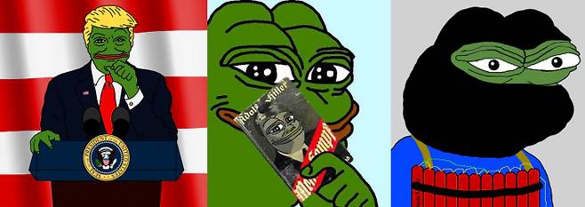 개구리 페페는 포챈(4chan) 등 극우 성향 미국 온라인 커뮤니티 이용자들에게 도널드 트럼프, 아돌프 히틀러, 테러리스트(왼쪽부터) 등의 이미지로 합성되며 백인우월주의, 반여성주의, 네오나치즘, 이슬람 혐오 등을 의미하는 ‘극우의 밈’으로 소비됐다. ‘쿨하고 웃긴’ 밈의 포장 덕분에 약자와 소수자에 대한 혐오는 온라인 커뮤니티 밖 일반 대중에게까지 자연스레 뻗쳐나갔다. 출처: 웹사이트 KnowYourMeme
