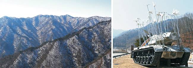 백암산 케이블카에서 뒤로 돌아보면 잔설로 뒤덮인 산의 거대한 능선이 시야에 가득 들어온다. 이렇게 장엄한 위용을 갖고 있음에도 민통선 안에 있는 이 산들은 변변한 이름조차 없다. 오른쪽 사진은 평화의 댐 하부의 국제평화아트파크에 전시된 탱크 조형물. 평화의 상징인 비둘기가 탱크를 들고 날아오르는 장면을 형상화했다.