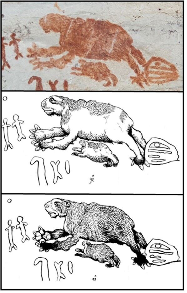 바위그림의 자이언트땅늘보를 확대한 모습(맨 위)과 아래는 미술가가 상상으로 복원한 모습. 호세 이리아르테 외 (2022) ‘왕립학회보 비’ 제공.