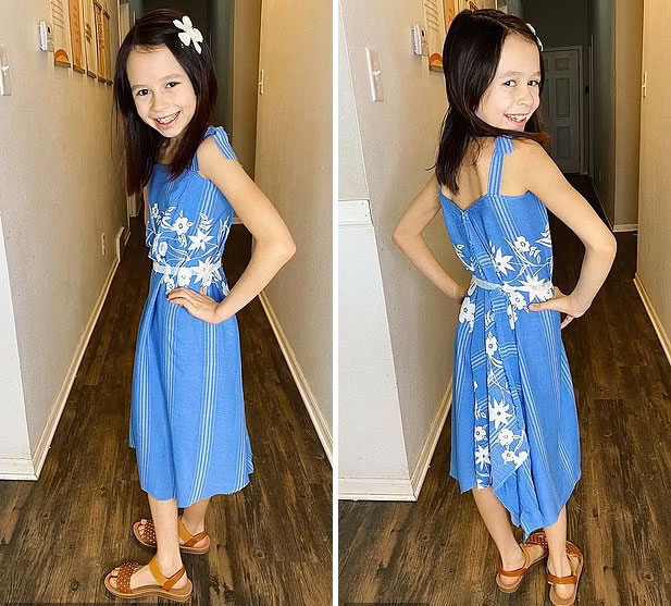 패션디자이너를 꿈꾸는 9세 소녀 카이아 애러건이 직접 만든 드레스를 입고 있는 모습.(사진=인스타그램)